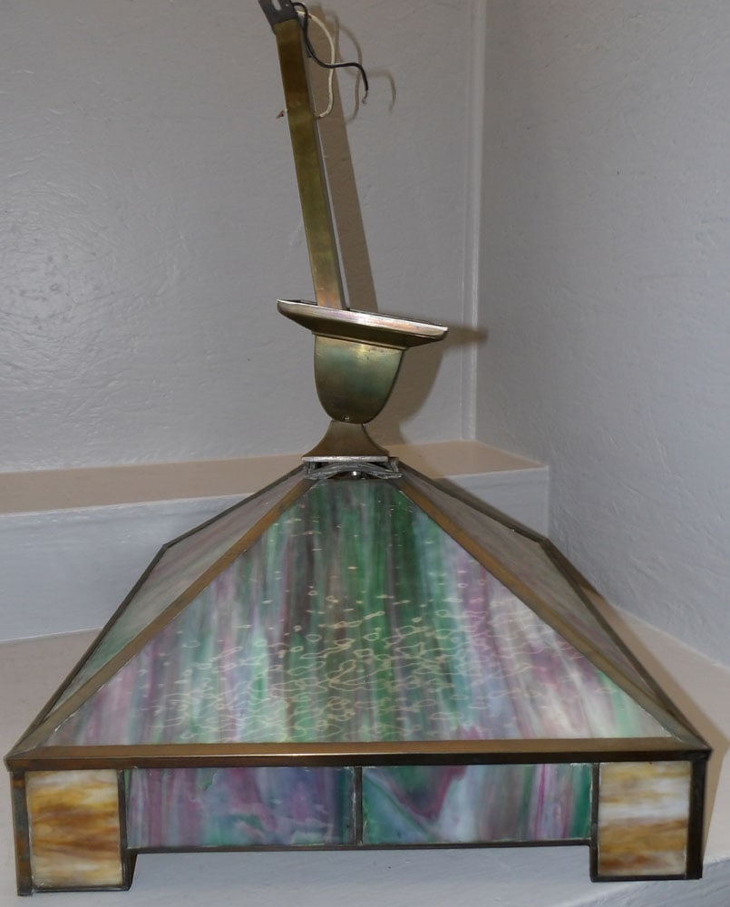 antique slag glass and brass chandelier: antique slag glass and brass chandelier. 25"H 18"D ALL DESCRIPTIONS AND ANY CONDITION STATEMENT GIVEN BY LANGSTON AUCTION GALLERY ARE STRICTLY OPINIONS AND LANGSTON'S SHALL HAVE NO RESPONSIBILITY FOR