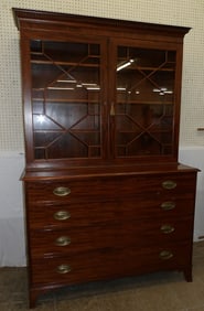 19th century mahogany two piece bookcase cabinet