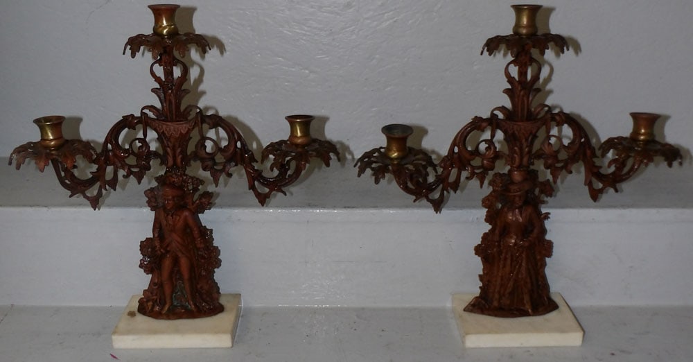 pair of brass and marble base three light candelabras (1 of 6)