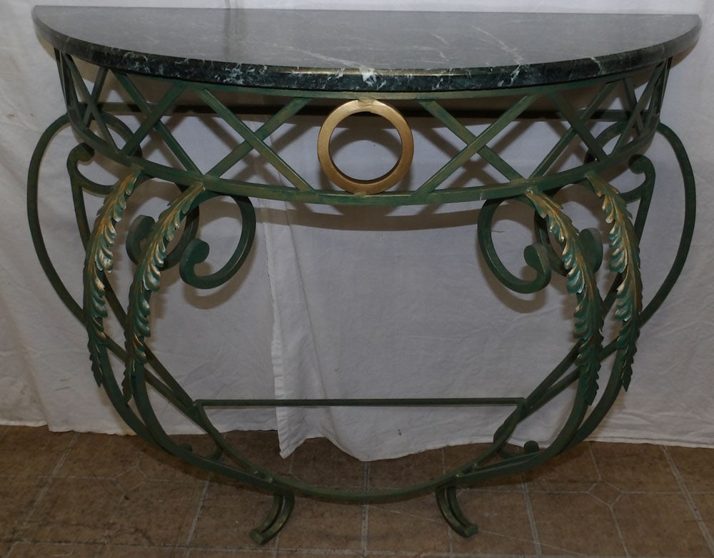 painted wrought iron and marble top console: painted wrought iron and marble top console . 33 3/4" H 43 1/2" W 18" D ALL DESCRIPTIONS AND ANY CONDITION STATEMENT GIVEN BY LANGSTON AUCTION GALLERY ARE STRICTLY OPINIONS AND LANGSTON'S SHALL HAVE N