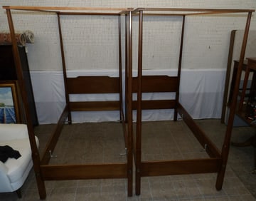 pair of mahogany pencil post twin beds with canopies by Biggs