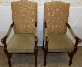 pair of cherry and upholstered arm chairs
