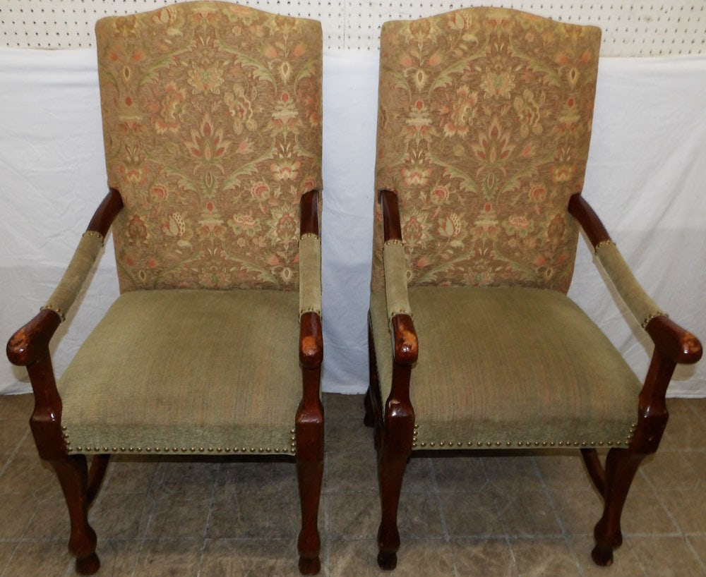 pair of cherry and upholstered arm chairs: pair of cherry and upholstered arm chairs . 47 1/2" H 23" W 26" D ALL DESCRIPTIONS AND ANY CONDITION STATEMENT GIVEN BY LANGSTON AUCTION GALLERY ARE STRICTLY OPINIONS AND LANGSTON'S SHALL HAVE NO RESP