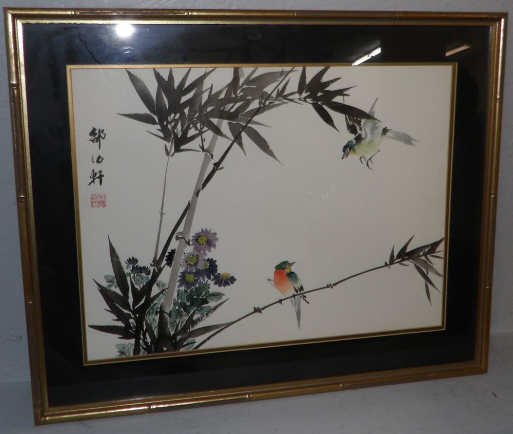 framed oriental watercolor signed with character marks in faux bamboo frame (1 of 3)