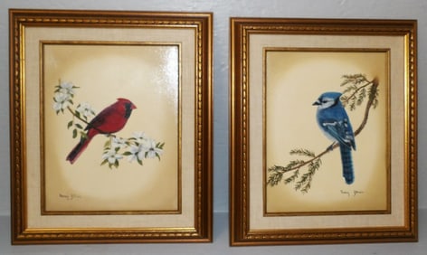 two framed oil on canvas bird paintings signed by artist
