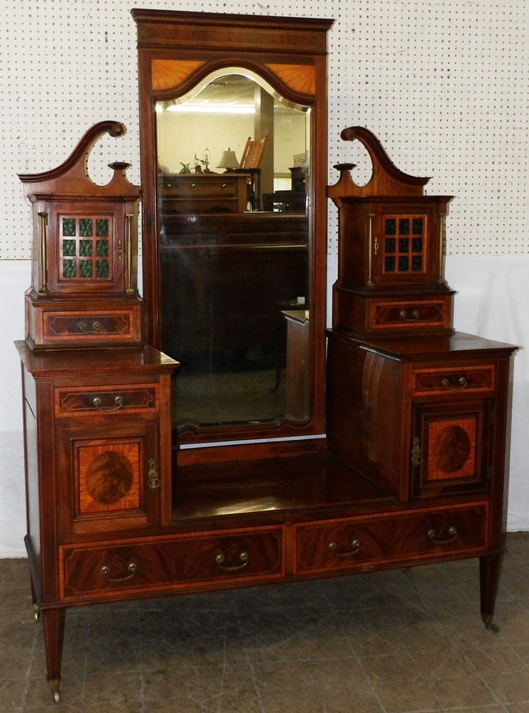 antique mahogany and satin wood inlay dresser: antique mahogany and satin wood inlay dresser. 73" H 52" W 23" D ALL DESCRIPTIONS AND ANY CONDITION STATEMENT GIVEN BY LANGSTON AUCTION GALLERY ARE STRICTLY OPINIONS AND LANGSTON'S SHALL HAVE NO RESPO