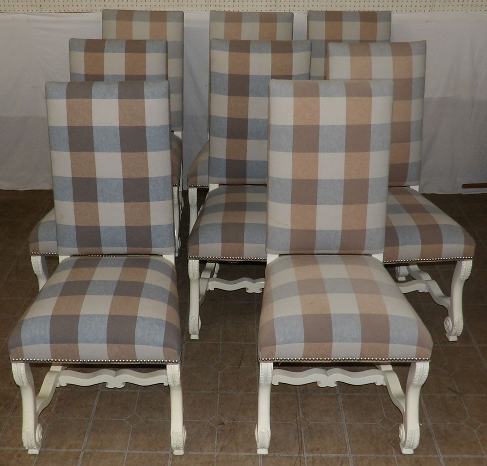 set of 8 modern painted wood and upholstered dining chairs: set of 8 modern painted wood and upholstered dining chairs. 44 1/4" H 21 1/2" W 23 1/2" D ALL DESCRIPTIONS AND ANY CONDITION STATEMENT GIVEN BY LANGSTON AUCTION GALLERY ARE STRICTLY OPINIONS AND LANGS