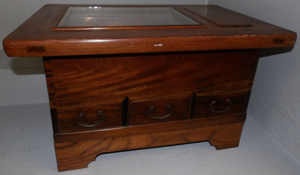 oriental elm wood hibachi with glass top and copper liner (1 of 6)