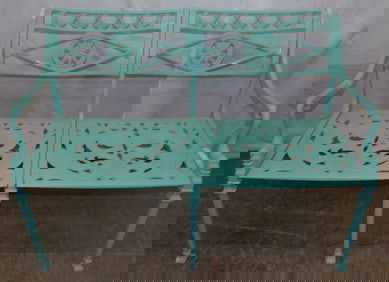 antique painted cast aluminum outdoor bench with dolphin arms
