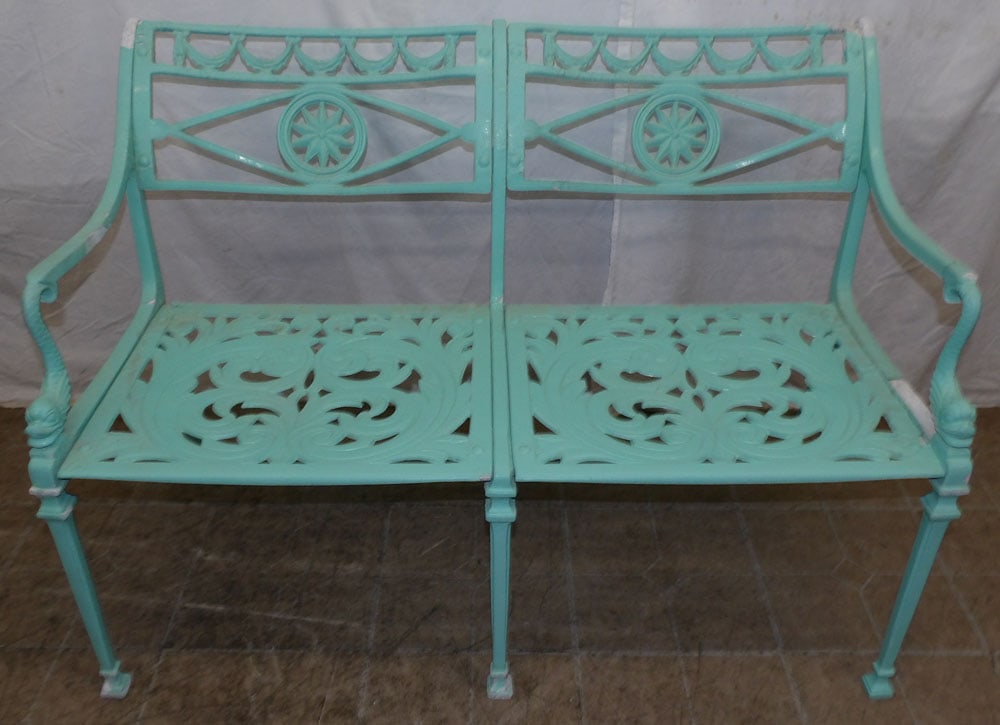 antique painted cast aluminum outdoor bench with dolphin arms (1 of 5)