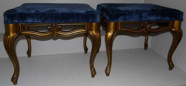 pair of gilded wood and upholstery top ottomans