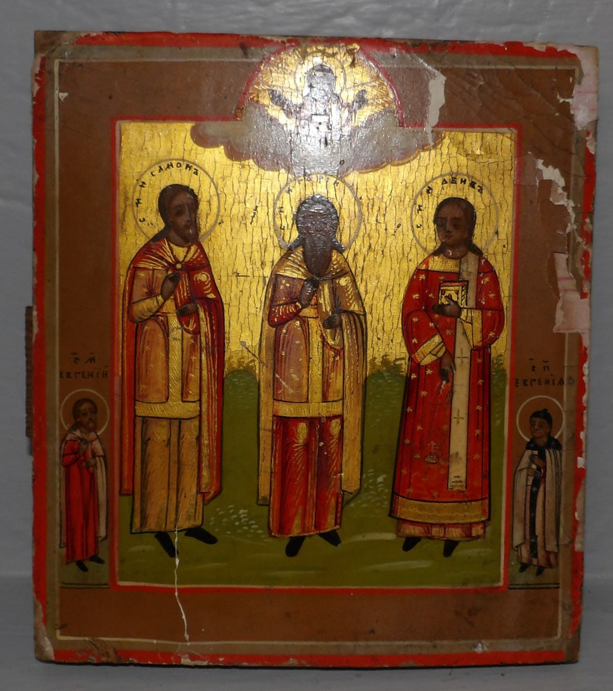 19th century painted wood icon: 19th century painted wood icon. 8" by 7 1/4 ALL DESCRIPTIONS AND ANY CONDITION STATEMENT GIVEN BY LANGSTON AUCTION GALLERY ARE STRICTLY OPINIONS AND LANGSTON'S SHALL HAVE NO RESPONSIBILITY FOR ERRORS 