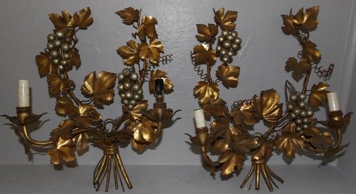 pair of gilded metal two light wall sconces