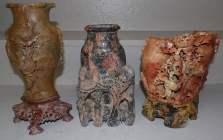 3 Chinese carved soapstone vases