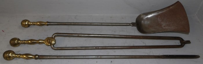 3 metal and brass fire tools