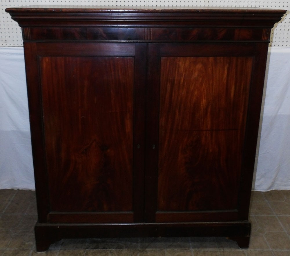 19th century mahogany two door cabinet: 19th century mahogany two door cabinet . 53" H 50" W 22" D ALL DESCRIPTIONS AND ANY CONDITION STATEMENT GIVEN BY LANGSTON AUCTION GALLERY ARE STRICTLY OPINIONS AND LANGSTON'S SHALL HAVE NO RESPONSIBIL