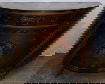 antique walnut Adams paint decorated demi lune commode