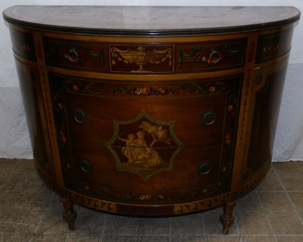 antique walnut Adams paint decorated demi lune commode (1 of 8)