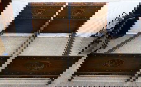 pair of antique walnut and Adams paint decorated twin beds with rails