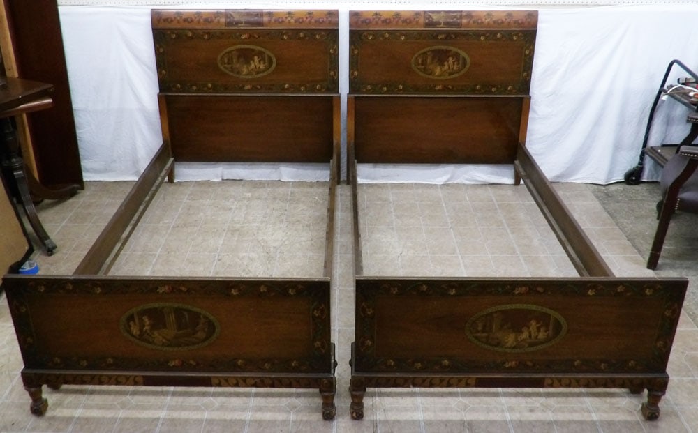 pair of antique walnut and Adams paint decorated twin beds with rails (1 of 10)