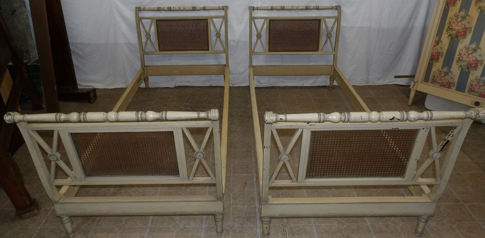 pair of painted wood and cane twin beds by W & J Sloane and saw-kill with rails (1 of 4)