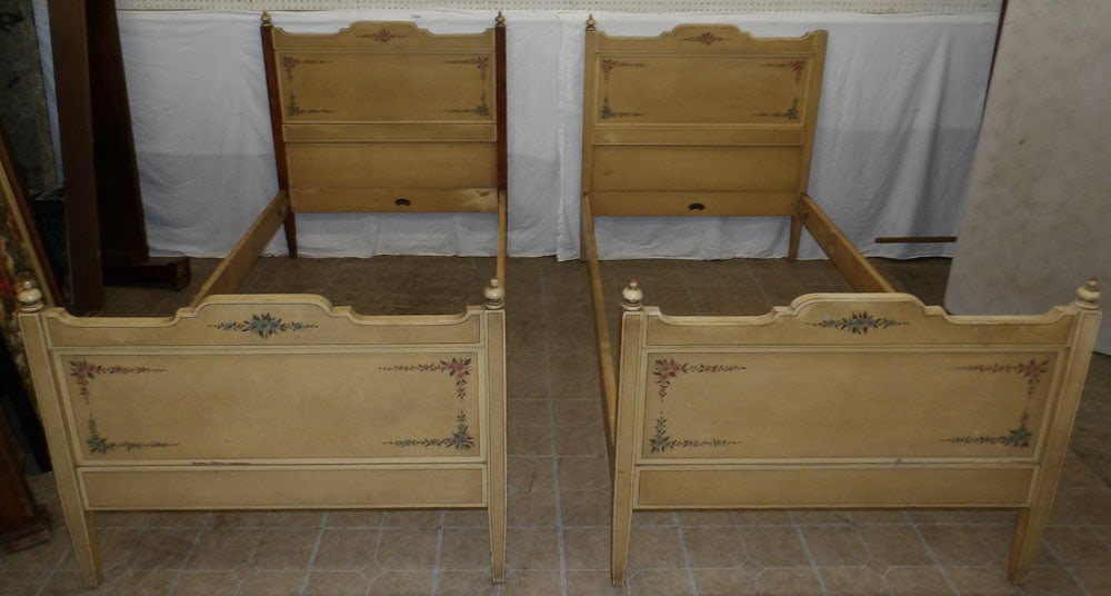 pair of hand painted wood twin beds labeled Ebbecke furniture company with rails (1 of 4)