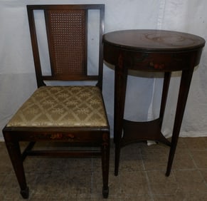 walnut Adams paint decorated oval stand and chair