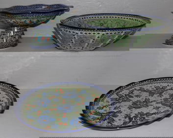 polish hand painted pottery bowl and compote