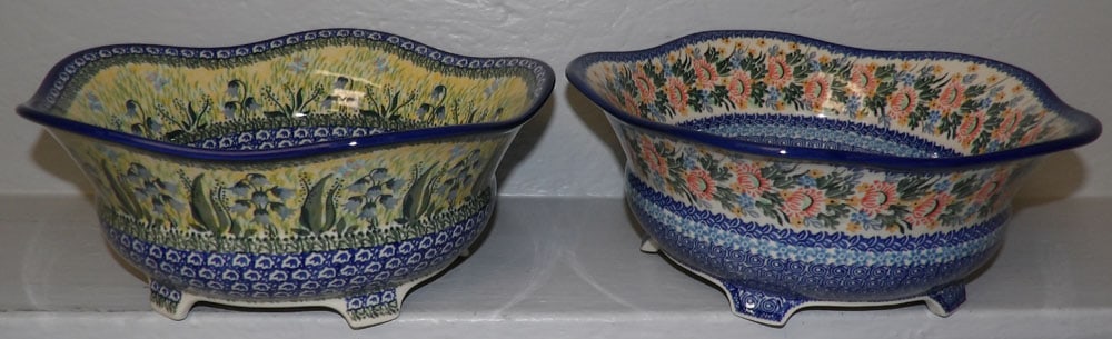 two polish hand painted pottery footed bowls (1 of 3)