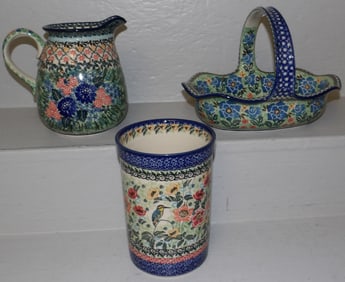 three pieces of hand painted polish pottery