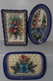 three pieces of hand painted polish pottery