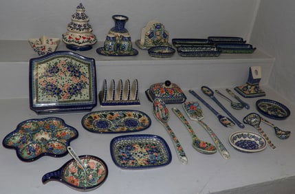 31 pieces of hand painted polish pottery