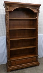 carved mahogany open book shelf with one drawer by Hooker Furniture