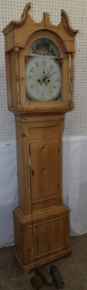 antique bleach pine grandfather clock with painted dial (1 of 6)