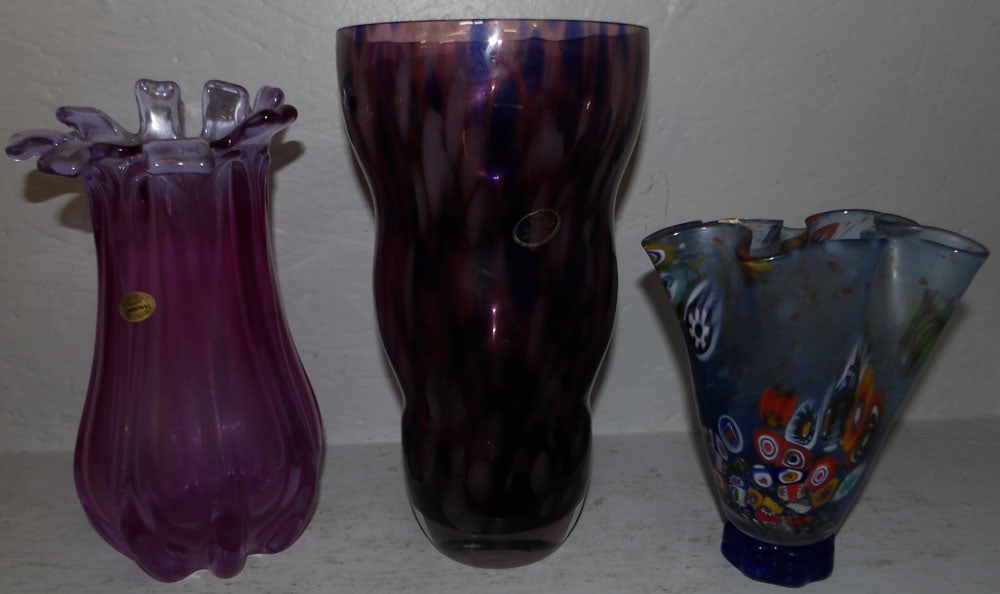 three art glass vases one labeled Murano: three art glass vases one labeled Murano . 11 3/4 and 6 1/2 D ALL DESCRIPTIONS AND ANY CONDITION STATEMENT GIVEN BY LANGSTON AUCTION GALLERY ARE STRICTLY OPINIONS AND LANGSTON'S SHALL HAVE NO RESPONSI
