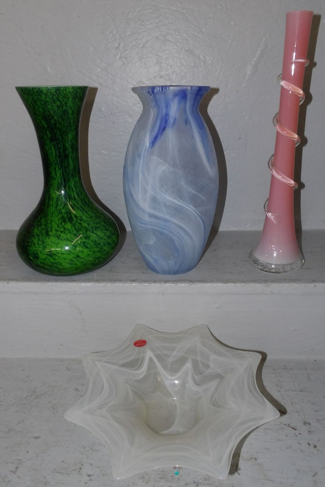 three art glass vases and one bowl one labeled Murano: three art glass vases and one bowl one labeled Murano. 15 3/4H 6"Dia. ALL DESCRIPTIONS AND ANY CONDITION STATEMENT GIVEN BY LANGSTON AUCTION GALLERY ARE STRICTLY OPINIONS AND LANGSTON'S SHALL HAVE NO 