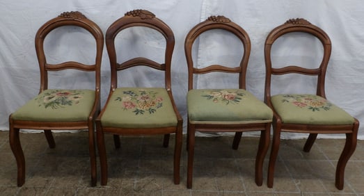 Set of Four Antique Walnut Dining Chairs with Needlepoint Seats