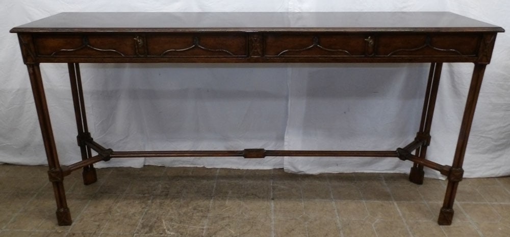 Mahogany Two Drawer Console, (Base Has Repairs): Mahogany Two Drawer Console, (Base Has Repairs). 35 1/4" H 72" W 17" D ALL DESCRIPTIONS AND ANY CONDITION STATEMENT GIVEN BY LANGSTON AUCTION GALLERY ARE STRICTLY OPINIONS AND LANGSTON'S SHALL HAVE NO