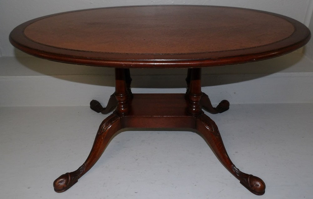 Oval Mahogany & Tooled Leather Top Tea Table (1 of 5)