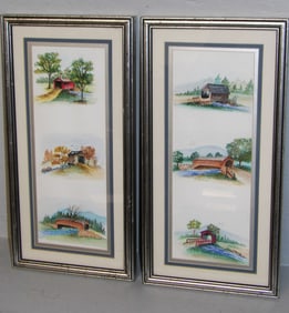 Pair of Silver Gilded Frame Watercolors of Covered Bridges in Different Seasons by R. Goodman