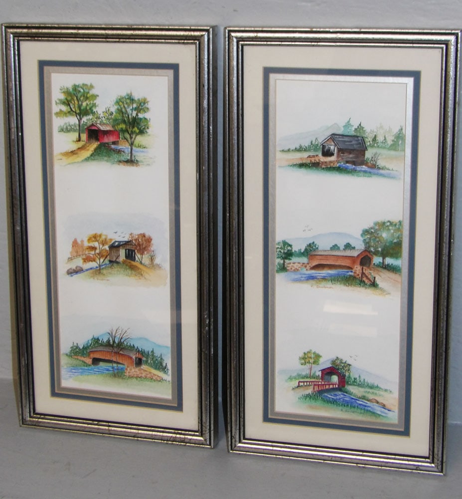 Pair of Silver Gilded Frame Watercolors of Covered Bridges in Different Seasons by R. Goodman (1 of 7)