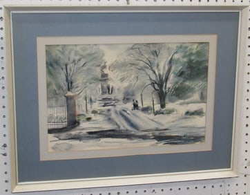 Framed Mid Century Watercolor of a Winter Scene Park Artist Signed