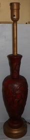 Large Chinese Cinnabar Style Lacquered High Relief Lamp Marked Rembrandt