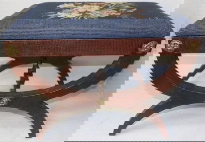 Mahogany Curule Style Stool with Brass Rosettes & Floral Needlepoint Top