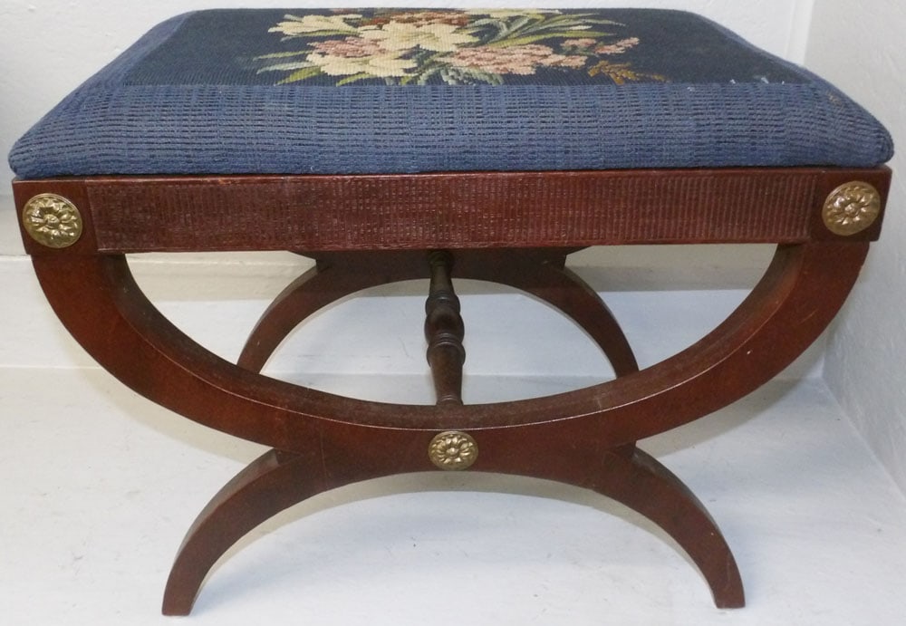 Mahogany Curule Style Stool with Brass Rosettes & Floral Needlepoint Top (1 of 5)