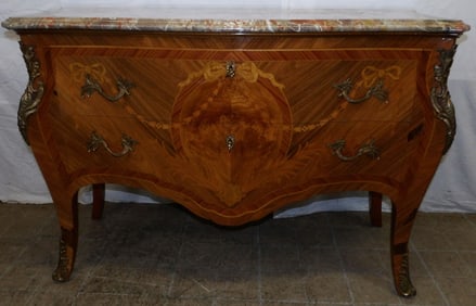Rosewood Inlaid Two Drawer French Commode with Marble Top