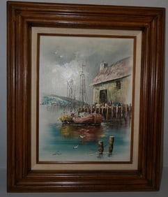 Framed Oil on Canvas Boat Dock Scene Artist Signed