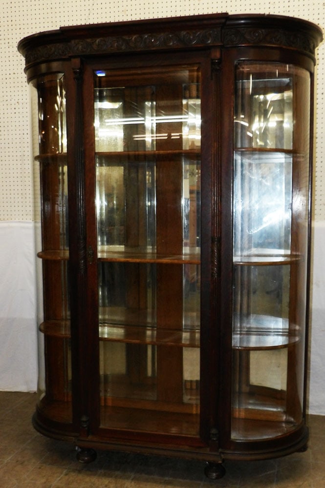 Antique Oak Bow Front China Cabinet with Mirror Back (1 of 6)