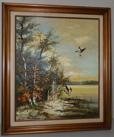 Framed Oil on Canvas Duck Landing Artist Signed