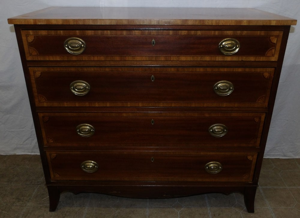 Mahogany Satin Wood Banded Four Drawer Chest: Mahogany Satin Wood Banded Four Drawer Chest . 35 3/4" H 39 1/2" W 18 1/2" D ALL DESCRIPTIONS AND ANY CONDITION STATEMENT GIVEN BY LANGSTON AUCTION GALLERY ARE STRICTLY OPINIONS AND LANGSTON'S SHALL H